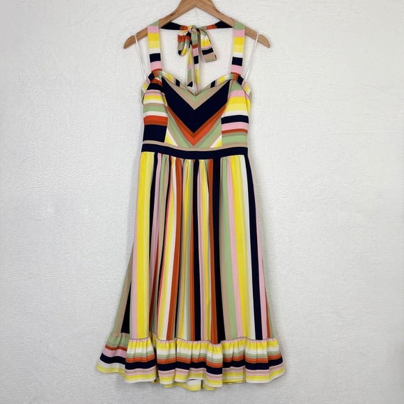 MODCLOTH Colorful Striped Halter Neck Midi Dress Women Size Medium Anthropologie - Picture 2 of 11